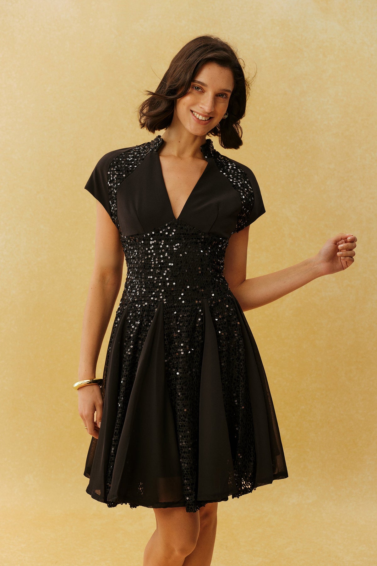Black Sequin Split V-Neck Cap-Sleeve Cocktail Mini Dress