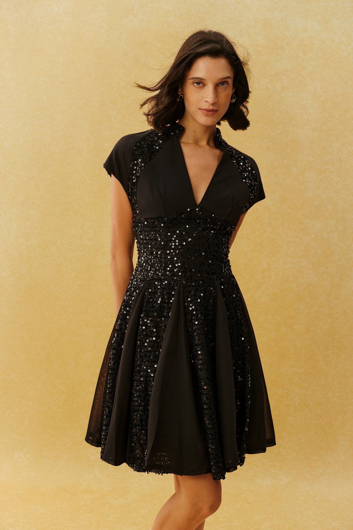 Black Sequin Split V-Neck Cap-Sleeve Cocktail Mini Dress
