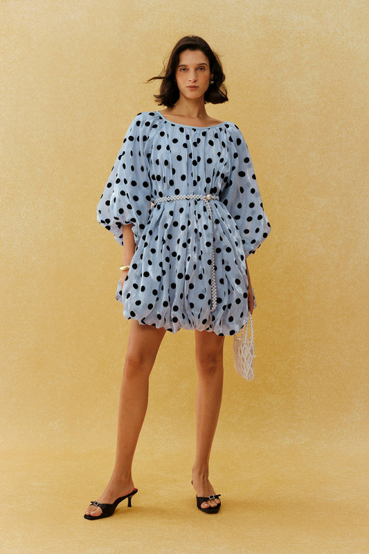 Blue Polka Dot Pearl Belted Balloon Three-Quarter Sleeves Mini Dress