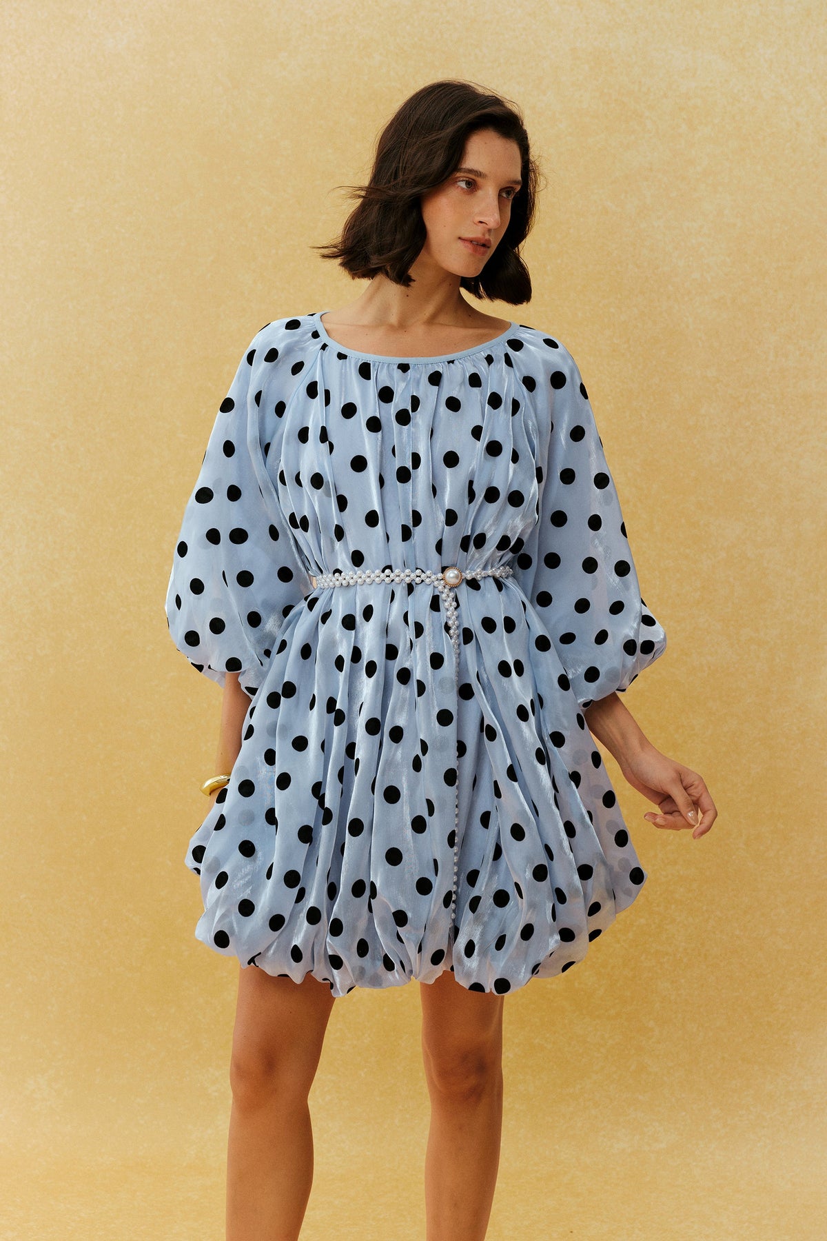 Blue Polka Dot Pearl Belted Balloon Three-Quarter Sleeves Mini Dress