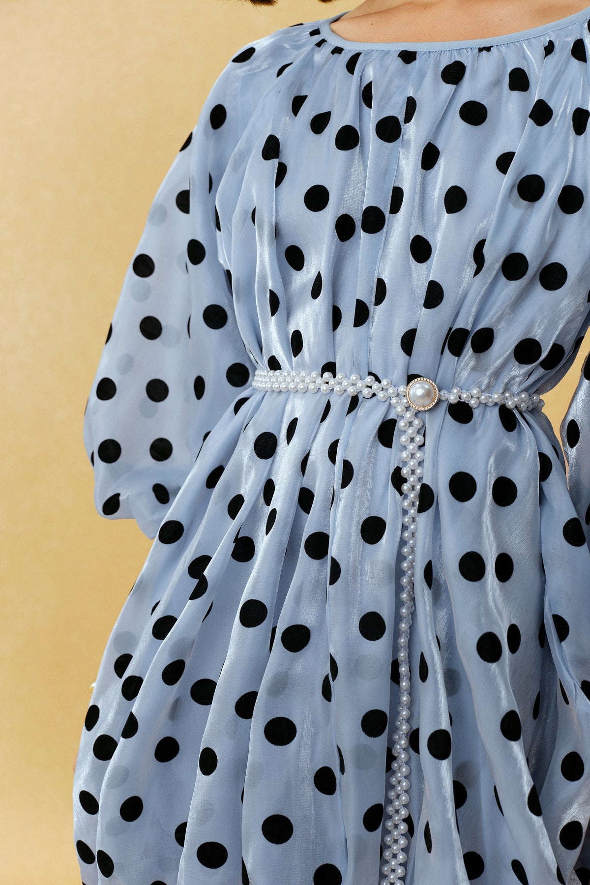 Blue Polka Dot Pearl Belted Balloon Three-Quarter Sleeves Mini Dress