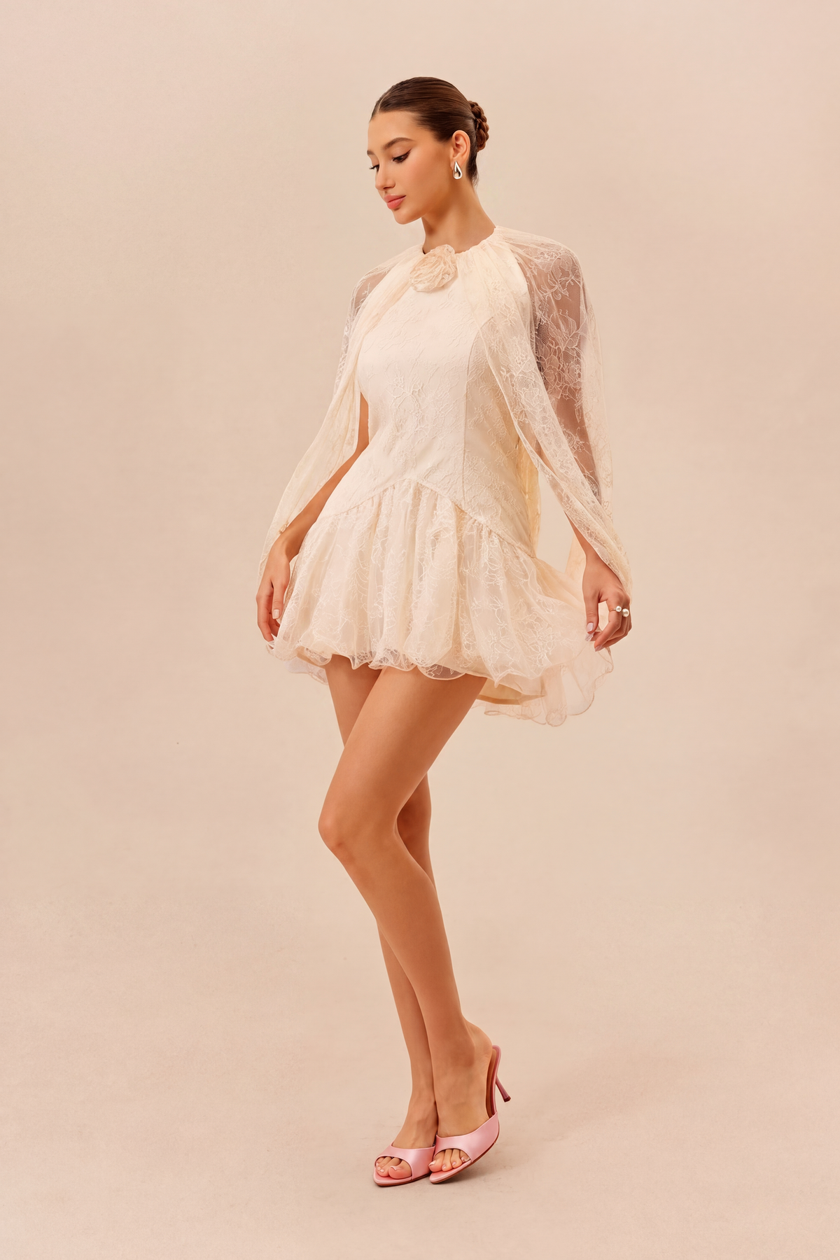 Apricot Floral Lace 3D Flower Cold-Shoulder Cape Sleeves Mini Dress
