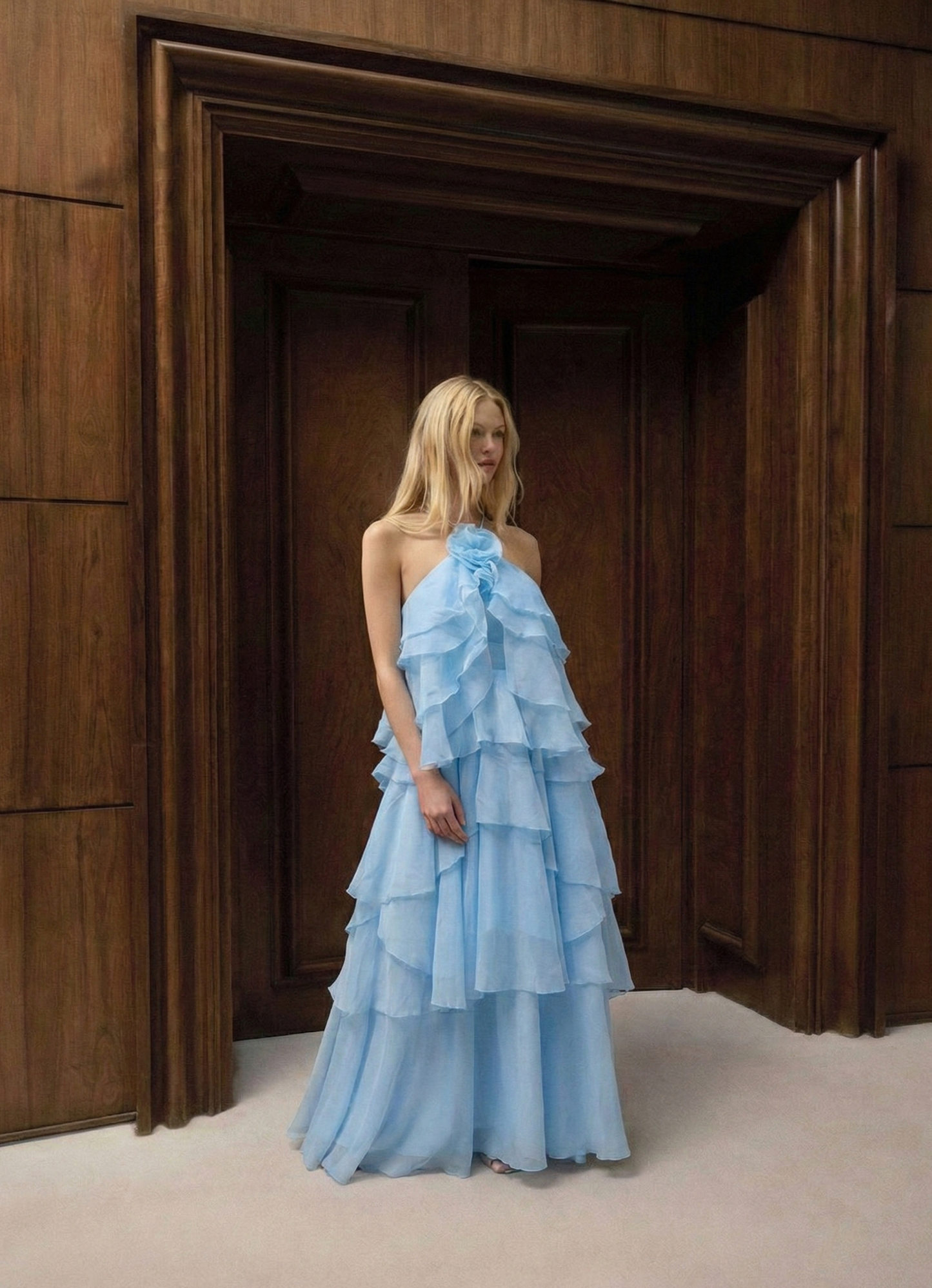 Polyester Halter Neck Backless Long Dress with Ruffle Patchwork