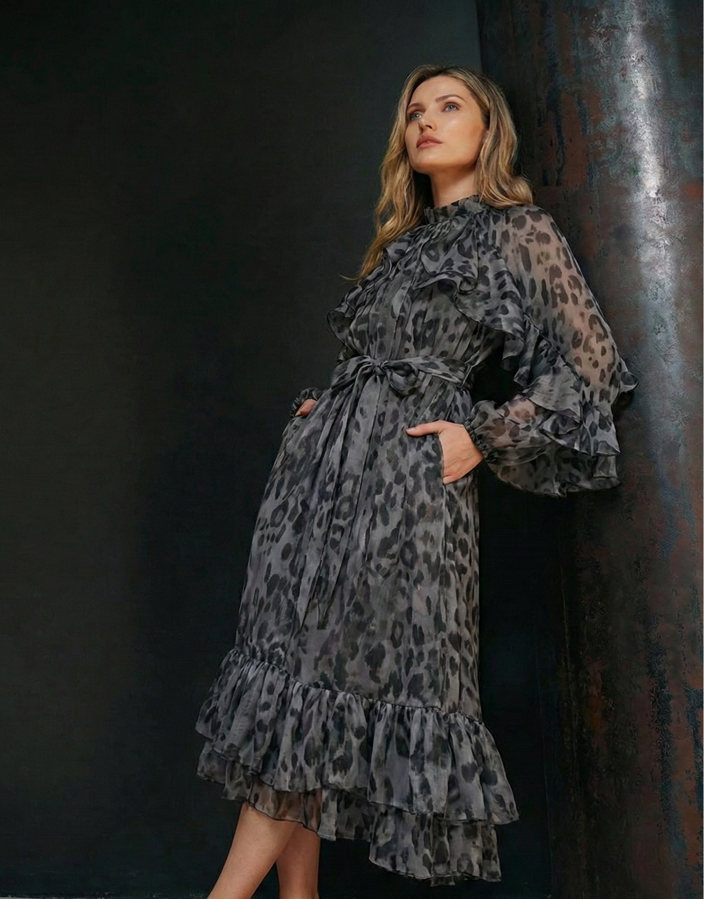 Polyester Leopard Print Midi Dress with Tie-Waist and Bell Sleeves