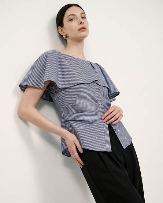 Polyester One-Shoulder Lace Striped Top - Waist-Slimming