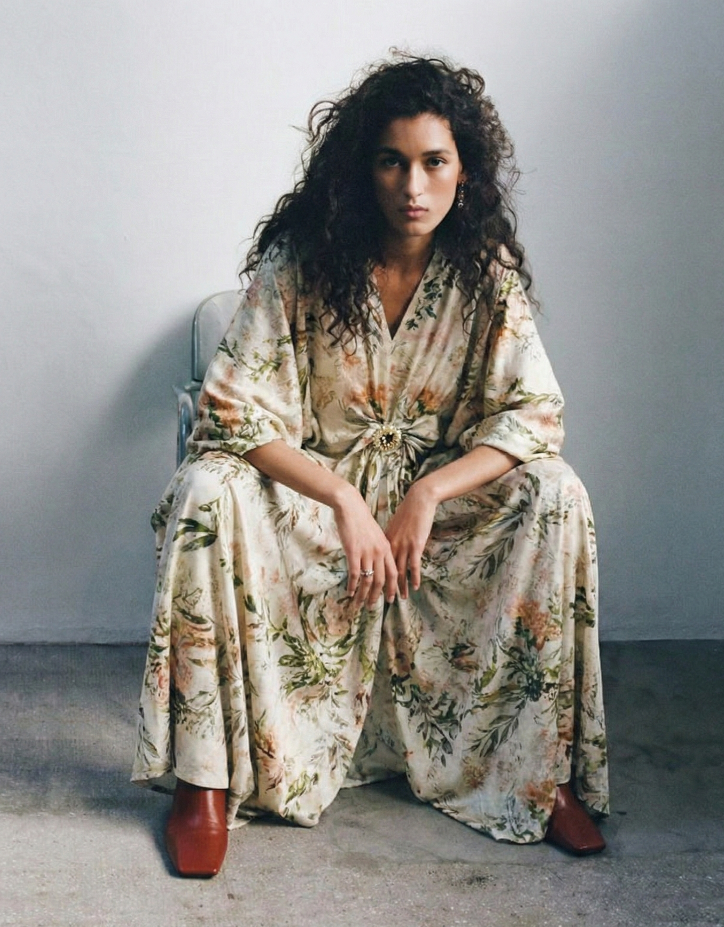 Printed V-Collared Batwing Sleeve Long Dress with Metal Buckle