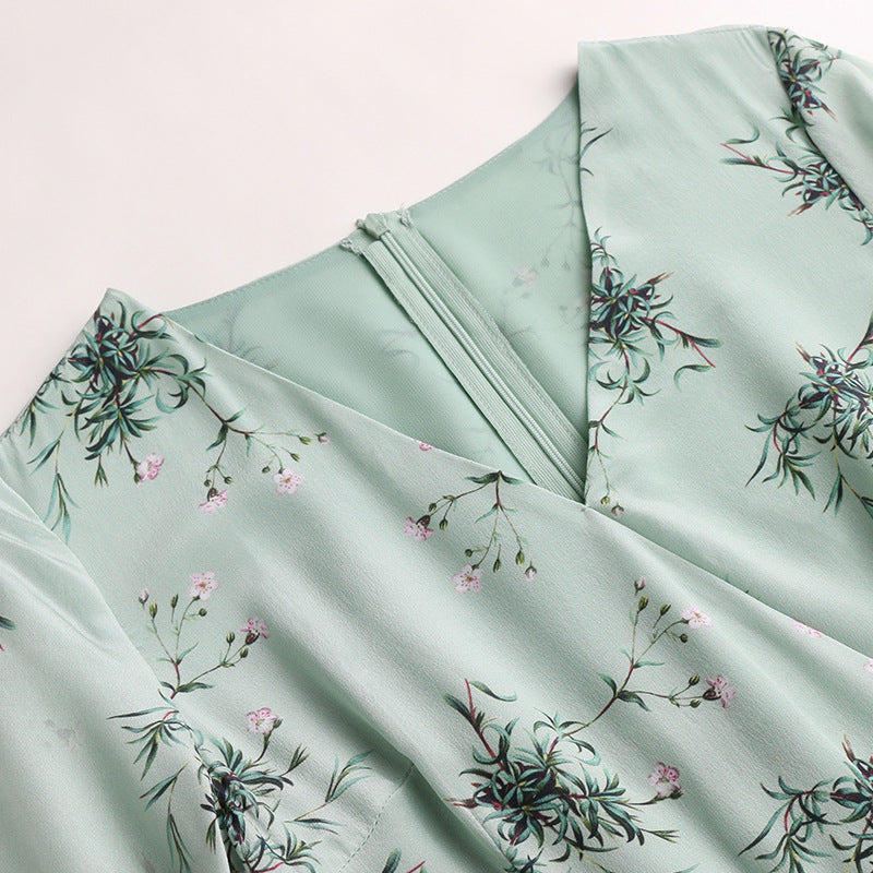 Silk Green V-Neck Ruffle Sleeve Dress