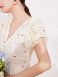 플로럴 브이넥 펀거스 트리밍 퍼프 슬리브 드레스