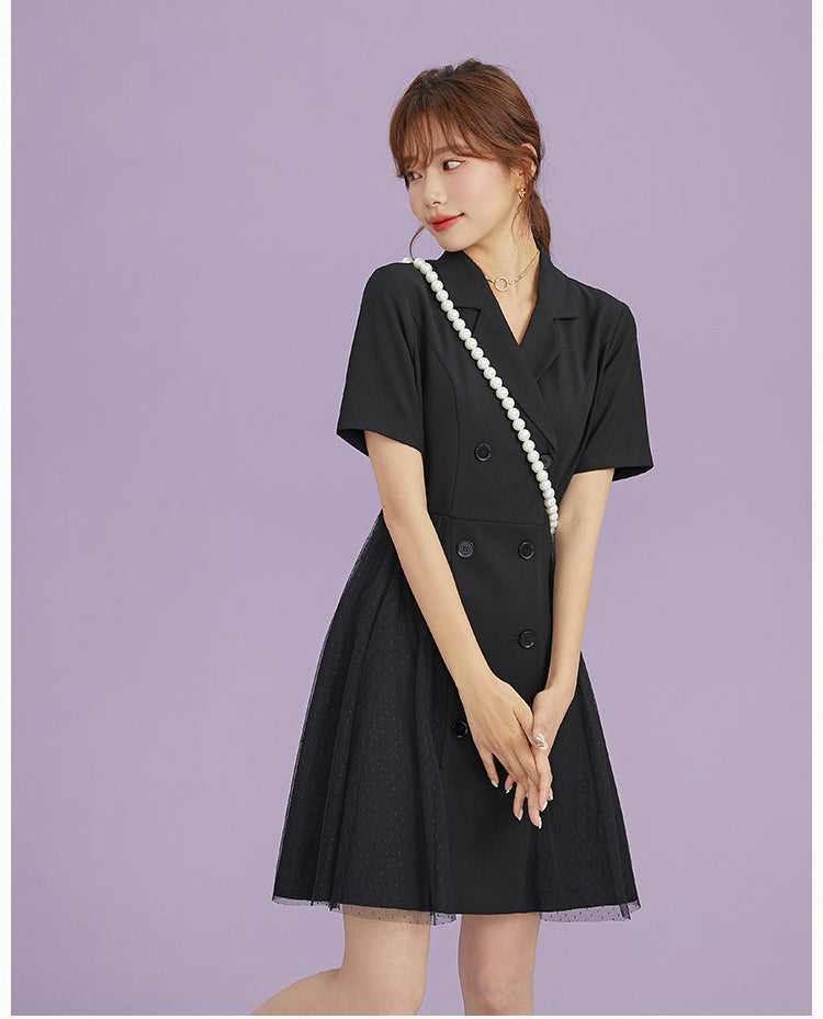 Hepburn-Style Suit Collar Double-Breasted Mesh Panel Dress