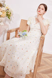 Floral V-neck Fungus-Trimmed Puff Sleeve Dress