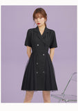 Hepburn-Style Suit Collar Double-Breasted Mesh Panel Dress