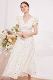 Floral V-neck Fungus-Trimmed Puff Sleeve Dress