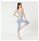 Blue and White Striped Print Fitness Yoga Suit