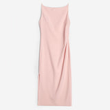 라인 넥 아세테이트 플리츠 슬림 핏 슬릿 드레스
