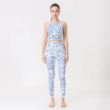 Blue and White Striped Print Fitness Yoga Suit