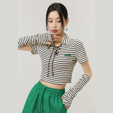 Striped Knitted Lace-up Short-Sleeve Top