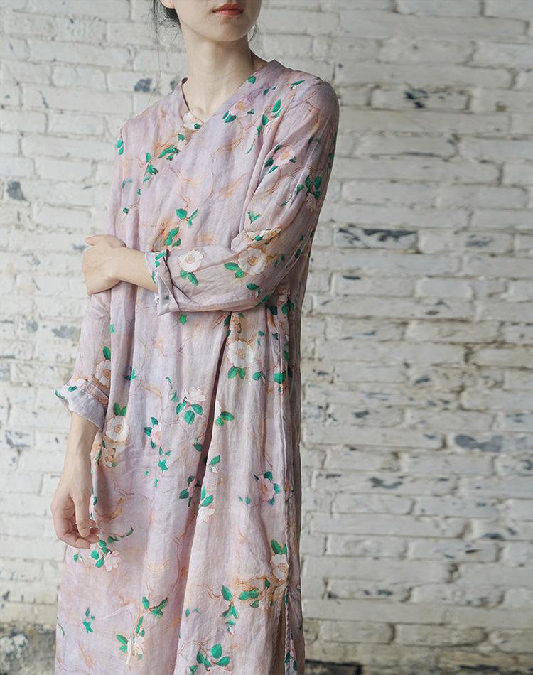 V-Neck Camellia Print Relaxed Dress